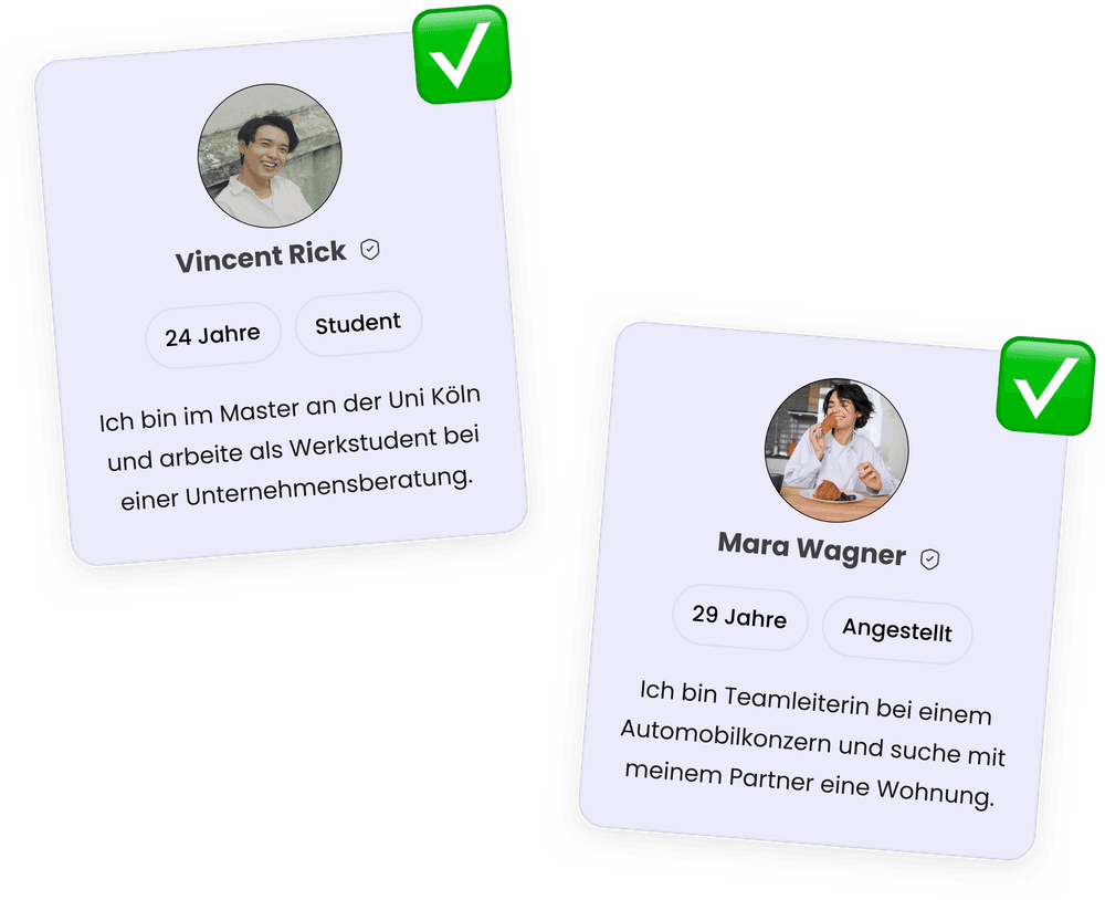 Zwei verifizierte Bewerberprofile mit Alter, Beschäftigung und einer kurzen Vorstellung, beide mit grünem Häkchen